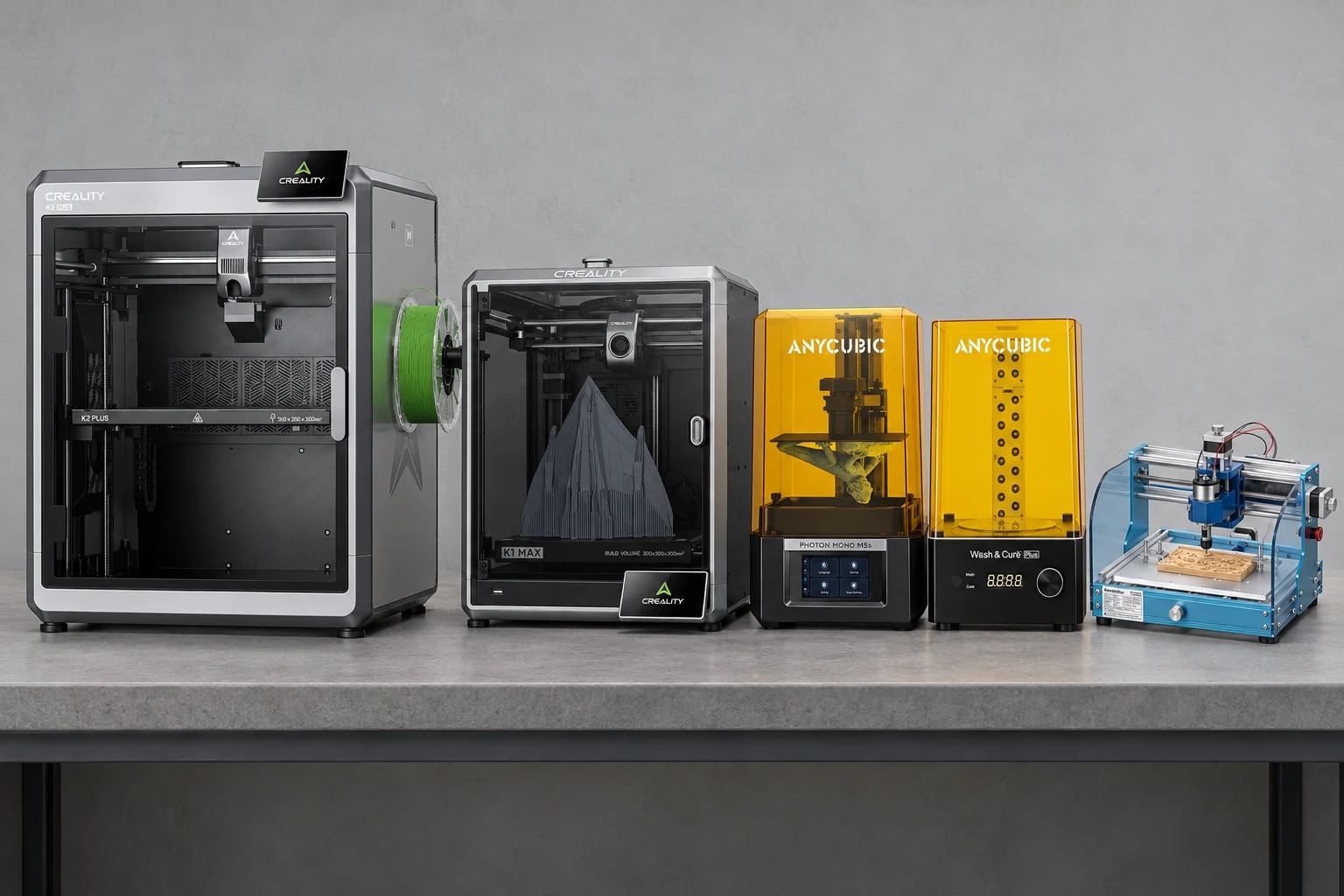 Illustration of a Creality K2 Plus, K1 Max, Anycubic Photon Mono M5s with a Wash & Cure Plus beside it, and a compact CNC mill on a neutral gray bench.
