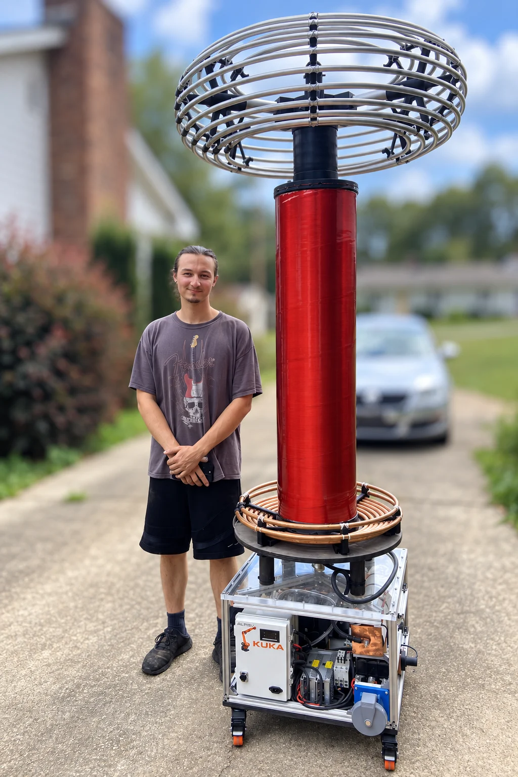 The Lučéter Tesla coil and its builder, with the surrounding background softly blurred.